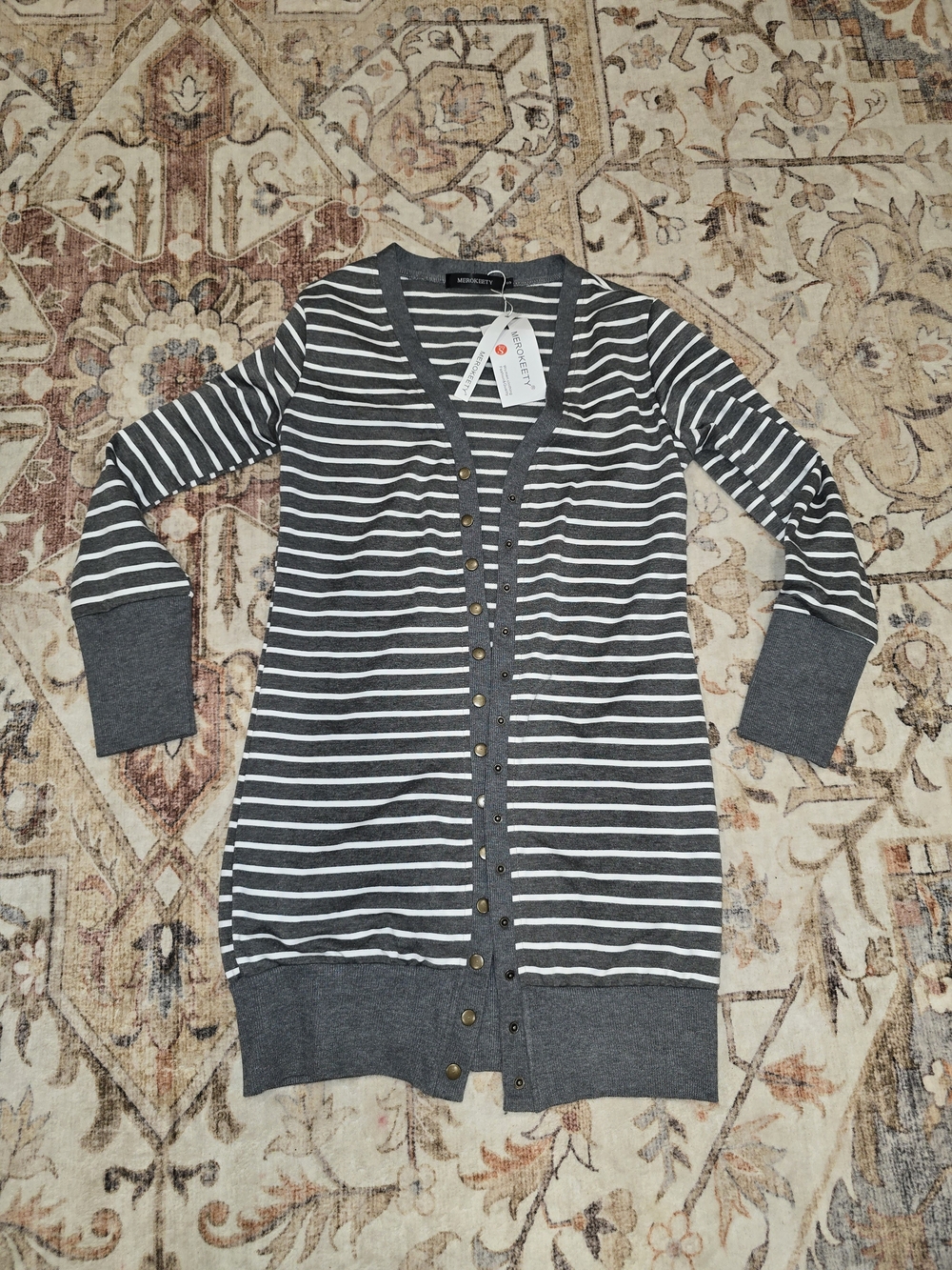 Women’s Charcoal Gray & White Striped Button-Front Cardigan